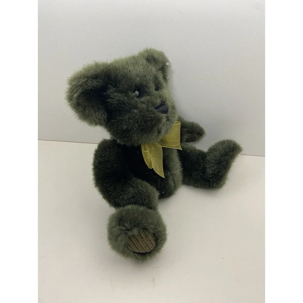 First and Main Green Teddy Bear with Bow Corduroy Feet Sitting 8 Inch EUC
